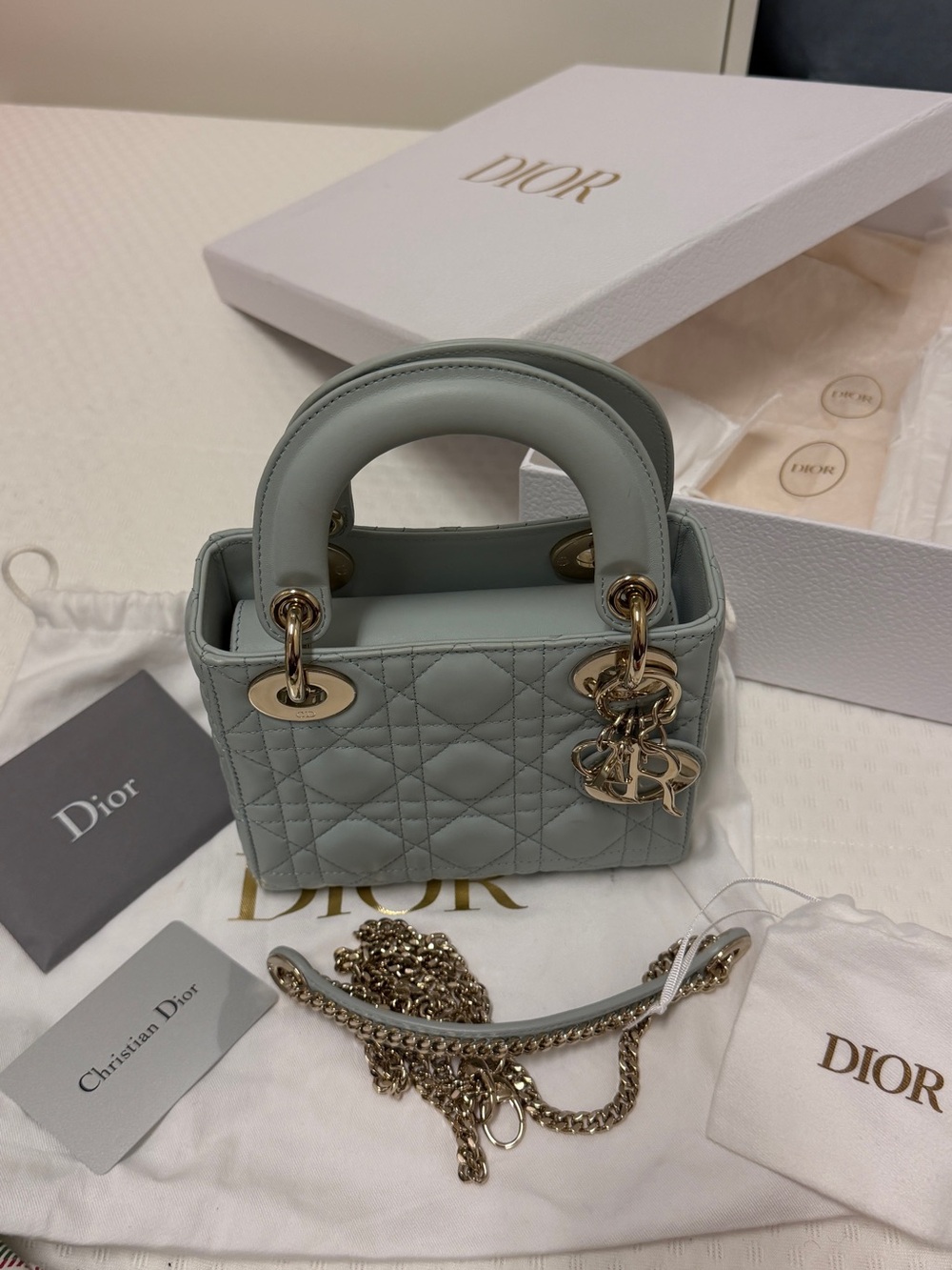 Dior Mini Lady Dior Top Handle Bag in Pale Slate Gray with Gold Hardware - Picture 10 of 10